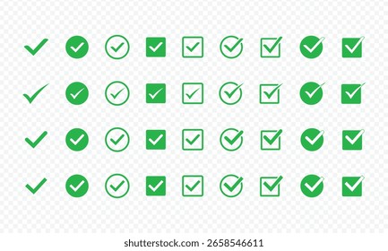 Icono verde de la marca de verificación, Ilustración vectorial de la marca de la garrapata aislada en fondo transparente