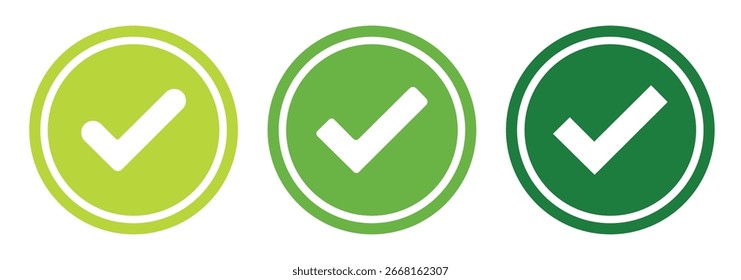Icono de marca de verificación verde. Símbolo de garrapata verde. Icono de comprobación de Vector. Compruebe el concepto de icono. Aprueba el pictograma de marca. Signo correcto. Prueba de éxito o voto. Confirme la forma redonda del Botón. Logo de Marca de Verificación Positiva. 