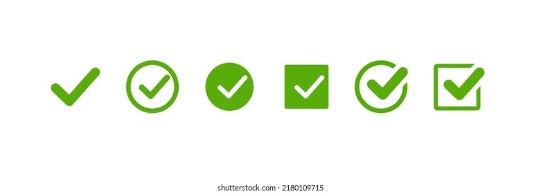 Icono de marca de verificación verde. Marcar icono vector. Ilustración de marca de verificación. Símbolos vectoriales establecidos, marca de verificación verde aislada en fondo blanco. El voto correcto escoge un símbolo aislado.