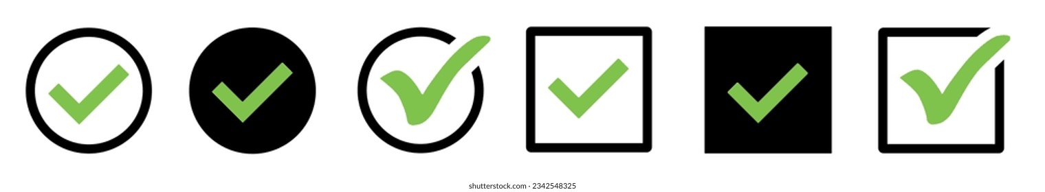 Green check mark icon. Check mark vector icon. Checkmark Illustration. Vector symbols set ,green checkmark isolated on white background. Correct vote choise isolated symbol.	