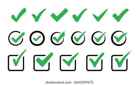 Coleção de ícones de marca de seleção verde - símbolos de tique em círculos e caixas de seleção para aprovação ou verificação. ilustração de vetor