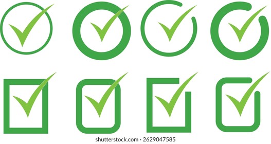 Green Check Mark Icons: Diverse Styles and Shapes,
Positive Confirmation Symbols: Circle and Square Check marks, Approval Tick Icon Set: Modern UI Elements.