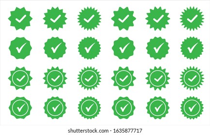 Green check mark icons set. Collection of verification badges. Eco quality 