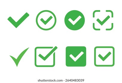 Green Check Mark Icons Set – Approval, Confirmation, Success Symbols Collection. Vector Illustration eps 10