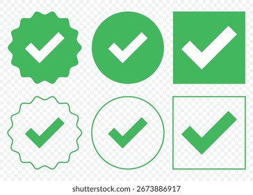 Conjunto de iconos de marca de verificación verde. Marca de verificación símbolo colección. El cheque marca una gran colección. Icono de la marca. Marca de verificación de forma diferente, aislado en fondo transparente. EPS 10.