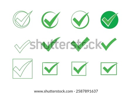  green check mark icons. , tik box, check mark transparent, check mark circle. Check marks in simple flat design. Vector illustration.