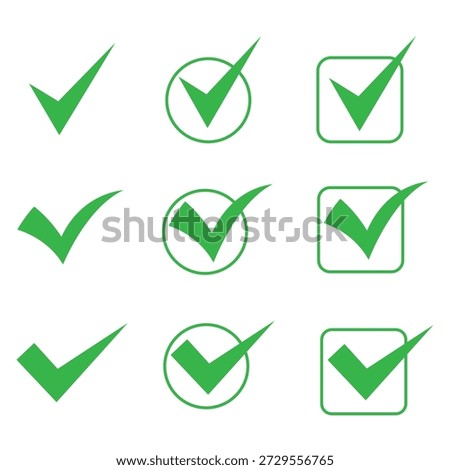 Green check mark icons. , tik box, check mark transparent, check mark circle. Check marks in simple flat design. Vector illustration.
