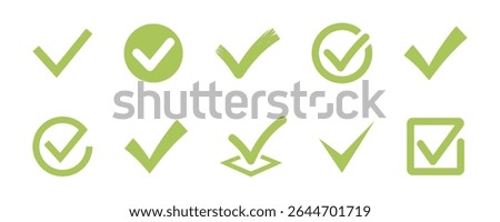Green check mark icons in various shapes and styles including circles, boxes, and brush strokes.