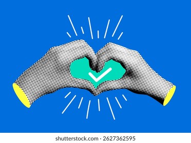 Green check mark inside frame from heart hands. Hands showing heart. Quality mark. World heart day. Insurance concept. Modern collage