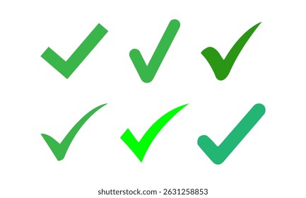 Green check mark, isolated tick symbols, checklist signs, and an approval badge. Flat and modern checkmark design, vector illustration.
