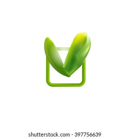 Green check mark. Leaves chek icon. Logo for organic food and technic product. Bio logo. Correct icon.  Ok sign. Modern Vector illustration. Square emblem with natural leaf
