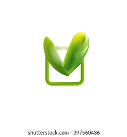 Green check mark. Leaves check icon for organic food and  technical product. Bio logo. Correct icon.  Ok sign. Modern Vector illustration. Emblem with natural leaf