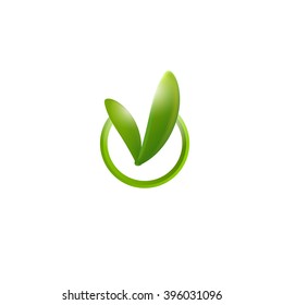 Green check mark with leaves. Sprouts logo for organic certification. Bio product logo. Correct icon. Freshness exam ok sign. Modern Vector illustration. Circle emblem with natural leaf.