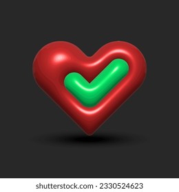 Marca de verificación verde y como marca el corazón rojo en una instalación 3d de fondo oscuro con sombra realista. Símbolo de marca de confirmación de propósito exitoso para la red social.