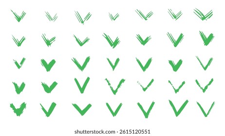 Green check mark made with grunge brush, bold brush strokes forming check mark, correct icons, accept vector symbols, vector buttons for vote, green tick icons, false and true, right and wrong icons