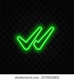 Green check mark Neon Sign Vector. Check list button neon signboard, design template, modern trend design, night neon signboard, light banner. Vector illustration,black background.