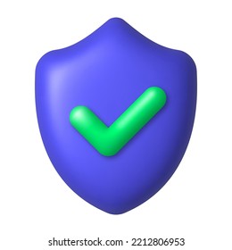 Green check mark on purple shield 3d icon. Security and protection concept. 3d realistic design element. Vector illustration.