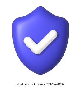 Green check mark on purple shield 3d icon. Security and protection concept. 3d realistic design element. Vector illustration.