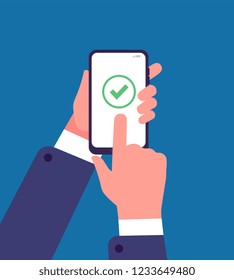 Green check mark on smartphone screen. Online survey, questionnaire web application. Success payment vector concept