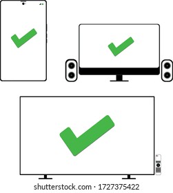 marca de verificación verde en varios dispositivos electrónicos conjunto de vectores. smartphone, tv, monitor, control remoto, ilustración del altavoz