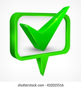 Green check mark on white vector illustration.  Business icon, symbol 
