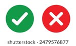 Green check mark and red cross mark icon set. Isolated tick symbols, checklist signs, approval badge. Checkmark and x or confirm and deny line art colored icon for apps and websites. vector icon.