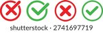 Green check mark and red cross mark icon. set. Success and failure symbols. right and wrong buttons. Yes and no signs. checklist signs