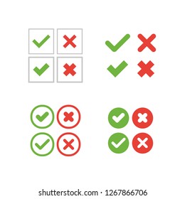 Marca de verificación verde y cruz roja, iconos vectoriales