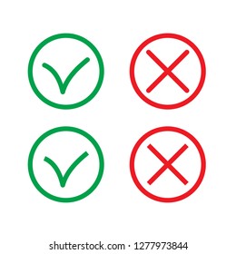 Green Check Mark and Red Cross in two variants (square and rounded corners) - thin line isolated vector illustration