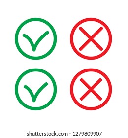 Green Check Mark and Red Cross in two variants (square and rounded corners) - thin line isolated vector illustration