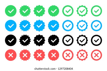 Green check mark and red cross icon set. Circle and square. Tick symbol in green color, vector illustration