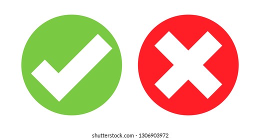 Green check mark and red cross mark sign icon, White check mark sign on green circle, Whire cross check mark sign on red circle, isolated on white background