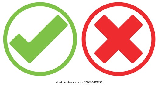 Green check mark and red cross mark sign icon, White check mark sign on green circle, Whire cross check mark sign on red circle, isolated on white background