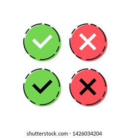 Green check mark and red cross icon set. Circle and square. Tick symbol in green color, vector illustration.