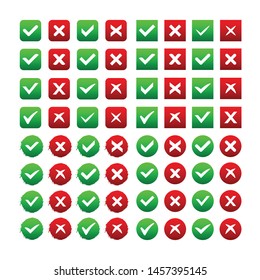 Green check mark and red cross icon set. Circle and square, vector illustration