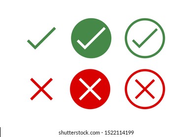 Green Check Mark and Red Cross Mark Icons Set Vectors