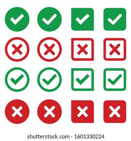 Green Check Mark And Red Cross Icon Set, Simple Web Buttons, Vector Icon Illustration