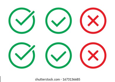 Green Check Mark and Red Cross in two variants (square and rounded corners), isolated vector illustration