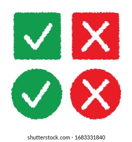 Marca verde y cruz roja sobre fondo blanco. Iconos vectoriales.