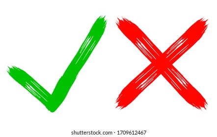 Marca verde y cruz roja, sí o no icono. Concepto de decisión sobre la decisión o el rechazo. Aislado sobre fondo blanco. Ilustración del vector
