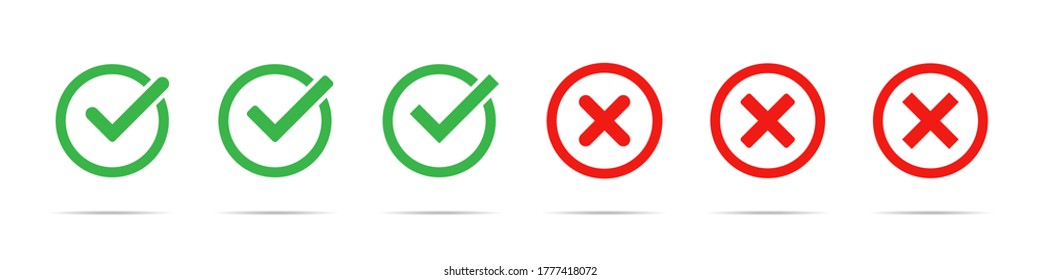 Green check mark and red cross icon set. Vector isolated elements. Tick approved symbol. Stock vector. EPS 10