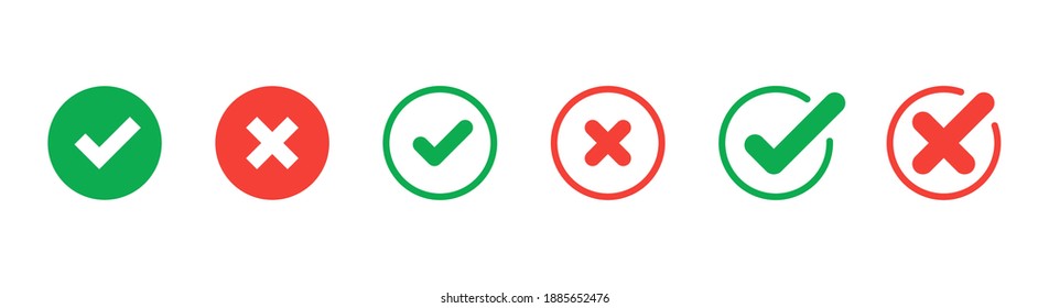 Green check mark and red cross icon.Set of simple icons in flat style: Yes-No, Approved-Disapproved, Accepted-Rejected, Right-Wrong, Correct-False, Green-Red, Ok-Not Ok. Vector illustration