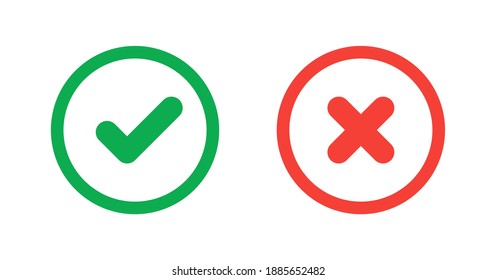 Marca de verificación verde e icono de cruz roja.Conjunto de iconos simples en estilo plano: Sí-No, Aprobado-Desaprobado, Aceptado-Rechazado, Correcto-Equivocado, Correcto-Falso, Verde-Rojo, Ok-No Ok. Ilustración del vector