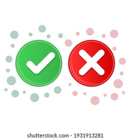 Marca de verificación verde y cruz roja. Selección de vectores o signos de votación. Símbolo de acuerdo o desacuerdo. Ilustración 3D con sombra aislada en blanco.