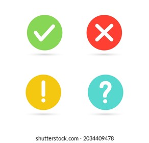Green check mark and red cross icon. Exclamation mark, Question mark icon isolated on white background. Vector illustration.