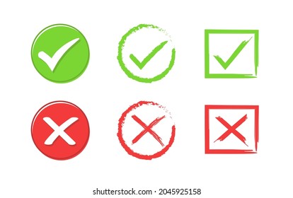 Green check mark and red cross icon. Set of True and false icons on white background. Vector illustration