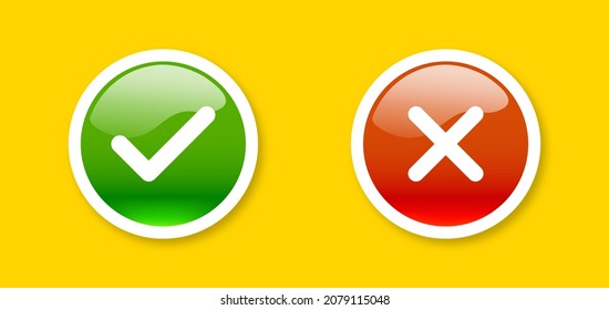 Green check mark and red cross buttons in 3d realistic style. Vector illustration.