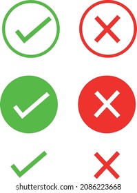 Marca de verificación verde e icono de cruz roja aislados en fondo blanco, símbolo de marca circular en color verde, ilustración vectorial 