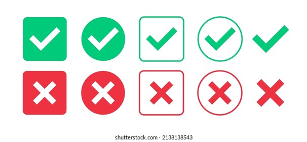 Marca de verificación verde y conjunto de iconos de marca roja. Símbolos de garrapatas aislados. Señales de la lista de comprobación. Tarjeta de aprobación. Diseño de marca de verificación plana y moderna. Ilustración del vector