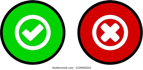 Green check mark and red cross icon.Set of simple icons, Yes-No, Approved-Disapproved, Accepted-Rejected, Right-Wrong, Correct-False, Green-Red, Ok-Not Ok. Vector illustration